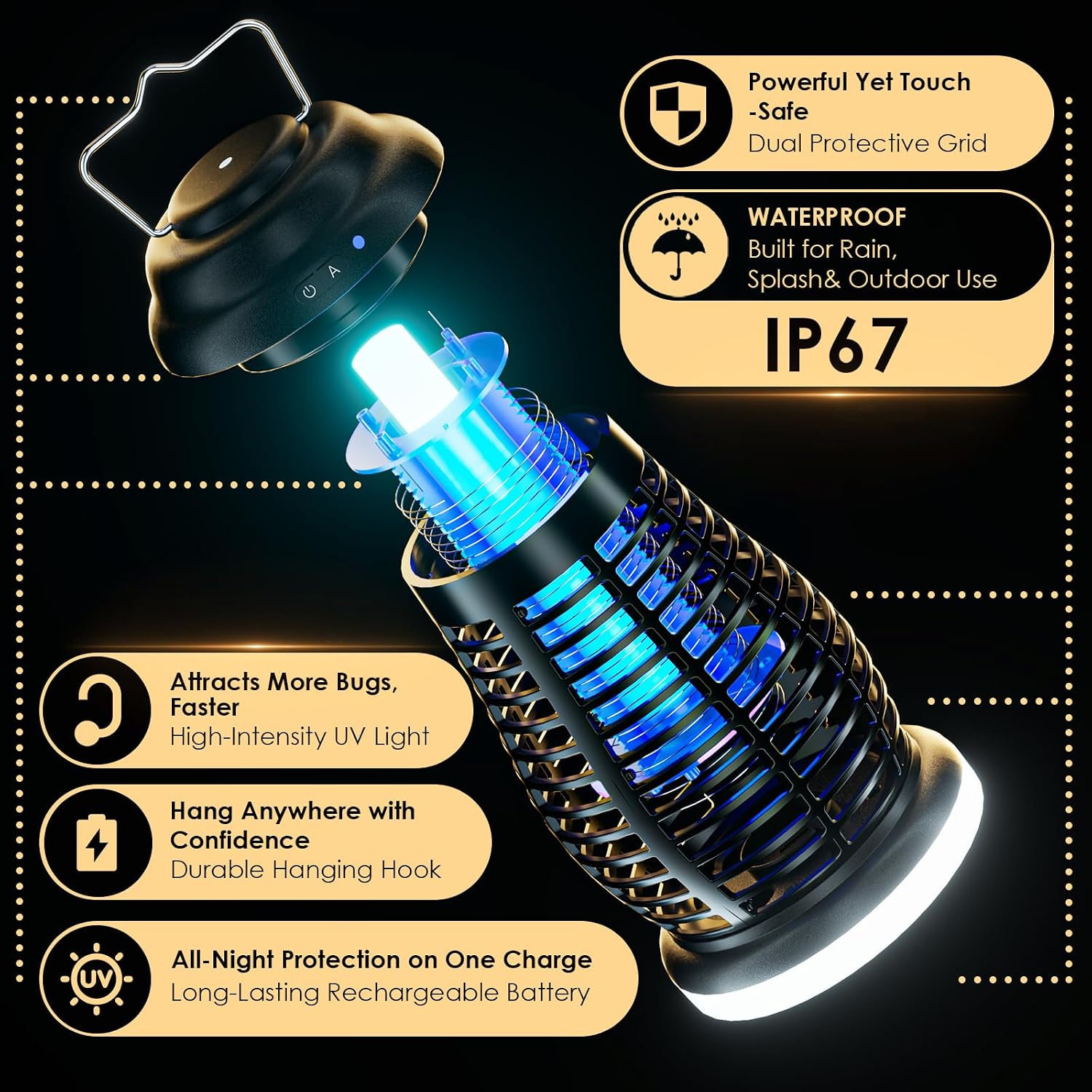 Cordless Bug Zapper Outdoor, 4200V Electric Mosquito Zapper, Fly Trap, Rechargeable Portable Fly Zapper, Waterproof Mosquito Trap Insect Killer Indoor Outdoor for Camping, Garden, Backyard, Home
